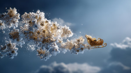 A whimsical golden sleigh glides through fluffy clouds and sparkling snowflakes in a dreamy winter sky. Perfect for festive-themed designs and holiday illustrations.の素材