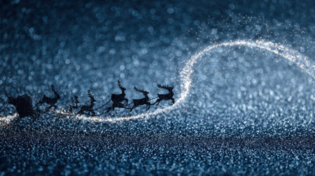 A whimsical scene depicting a sleigh and reindeer flying through a sparkling winter night sky, creating a magical and enchanting holiday atmosphere.の素材