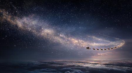 A magical scene of a sleigh and reindeer soaring through a star-filled night sky, surrounded by soft clouds, evoking wonder and festive joy.の素材
