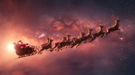 A whimsical depiction of Santa Claus riding his sleigh through a starry night sky, accompanied by reindeer. This magical scene captures the festive spirit of Christmas.の素材