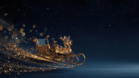 Majestic golden sleigh pulled by a reindeer glides through a starry night sky, creating a captivating holiday scene filled with sparkle and magic.の素材