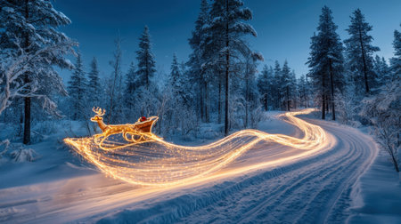 Experience the enchanting beauty of a winter landscape featuring a glowing sleigh traversing through a serene snowy forest, evoking holiday magic.の素材