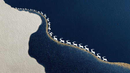 A mesmerizing view of white reindeer appearing to walk along a dark shoreline, blending nature with artistry, evoking a dreamlike atmosphere and tranquility.の素材