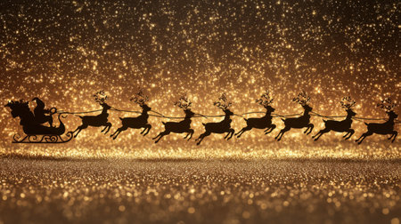 Celebrate the magic of Christmas with a beautiful scene featuring Santa's sleigh and reindeer against a sparkling glitter background. Perfect for holiday themes!の素材