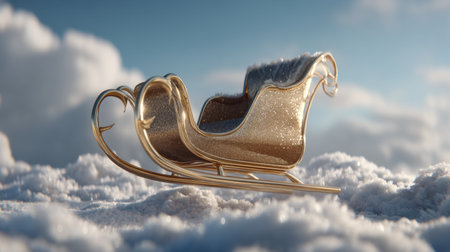 A stunning golden sleigh rests elegantly on a blanket of snow, surrounded by soft clouds. This enchanting winter scene captures the essence of festive joy and seasonal charm.の素材