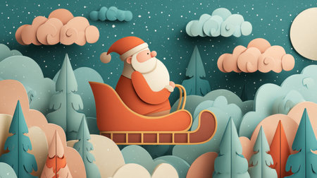 A charming illustration of Santa Claus joyfully riding his sleigh through a whimsical winter landscape filled with colorful trees and playful clouds. Perfect for holiday designs.の素材