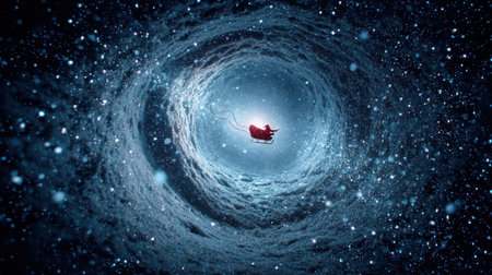 A mesmerizing scene depicting a sleigh traveling through a cosmic vortex filled with sparkling stars, evoking a sense of magic and winter wonder.の素材