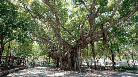 A majestic banyan tree stands in an urban park, showcasing its expansive foliage and intricate roots, offering shade and serenity for visitors seeking relaxation.の素材
