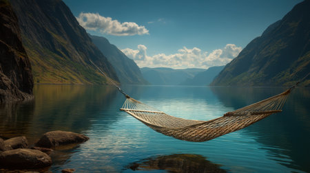 A tranquil hammock floats above a serene lake, framed by majestic mountains and clear skies, creating a perfect escape for relaxation and peaceful reflection.の素材