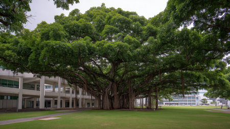 A stunning banyan tree offers a lush canopy in an urban environment. Its expansive branches provide shade, creating a tranquil spot perfect for relaxation amid modern architecture.の素材