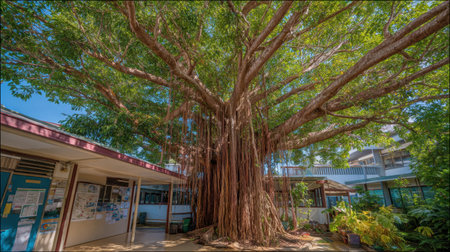 A stunning view of an ancient tree with prominent root structure situated in a school courtyard, surrounded by lush greenery and bathed in sunlight.の素材