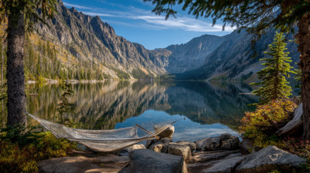Enjoy a serene mountain lake scene featuring a hammock by the water, surrounded by stunning peaks and lush trees, perfect for relaxation and escape.の素材