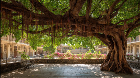 A majestic banyan tree stands in a serene courtyard, surrounded by lush foliage. The inviting scene features vibrant greenery, intricate roots, and peaceful ambiance.の素材