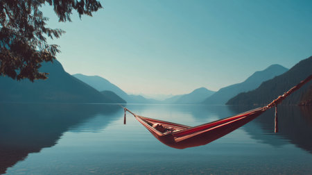 A tranquil scene of a red hammock suspended over a calm lake, surrounded by majestic mountains at sunrise. This peaceful landscape invites relaxation and escape into nature.の素材