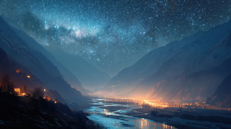 A breathtaking view of a mountain valley illuminated by city lights under a clear night sky filled with countless stars. Perfect for nature lovers.の素材