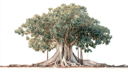 A striking banyan tree showcasing its vast roots and lush leaves, set against a clean white background. Perfect for themes of nature, tranquility, and beauty.の素材