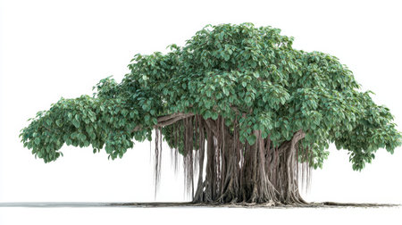 A magnificent banyan tree showcasing lush green leaves and intricate aerial roots. This vibrant scene emphasizes the serene beauty of nature, perfect for tranquil settings.の素材