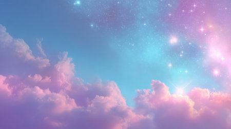 A breathtaking sunset sky filled with vibrant clouds showcasing shades of purple and pink, adorned with twinkling stars, creating a calming atmosphere.の素材