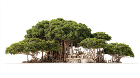 Captivating scene of a lush green tree canopy enveloping an ancient structure, creating a serene and mystical atmosphere perfect for exploring nature's beauty.の素材