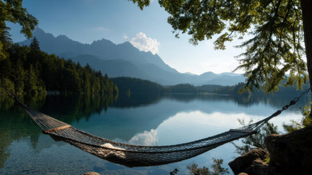 A peaceful hammock hangs by a serene lake, reflecting majestic mountains and lush trees. This stunning outdoor scene invites relaxation and tranquility, perfect for any getaway.の素材