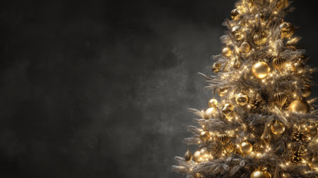 An elegant golden Christmas tree adorned with shimmering ornaments and sparkling lights creates a warm and festive atmosphere for the holiday season.の素材