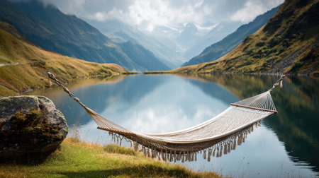 A serene hammock is suspended over a tranquil mountain lake, offering a perfect spot for relaxation amidst stunning natural scenery and reflective waters.の素材