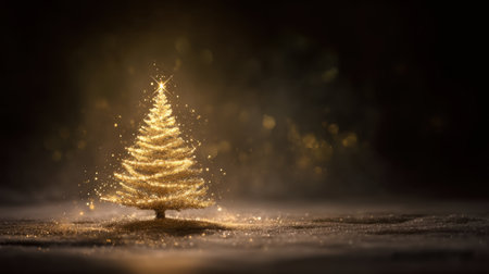 A stunning golden Christmas tree glimmers with enchanting lights, creating a warm festive atmosphere. Perfect for holiday celebrations and seasonal decorations.の素材
