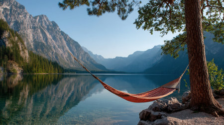 Tranquil lakeside scene featuring a colorful hammock suspended between trees, reflecting serene mountains and calm waters, perfect for relaxation and adventure.の素材