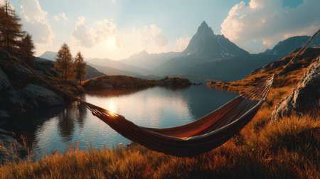 A tranquil mountain landscape featuring a hammock by a serene reflective lake at sunset. This idyllic scene invites relaxation amid nature's beauty.の素材