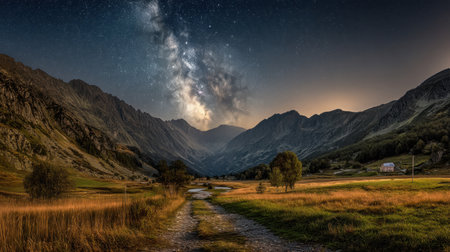 Breathtaking view of a mountain landscape illuminated by the Milky Way, showcasing natural beauty and tranquility. A perfect spot for outdoor adventure and photography.の素材