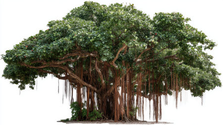 A stunning banyan tree showcasing its vast canopy, vibrant green leaves, and unique aerial roots, creating a serene and tranquil atmosphere in nature.の素材