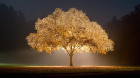 A mesmerizing tree is beautifully illuminated in a foggy landscape, showcasing its golden leaves against the soft light, creating an enchanting atmosphere.の素材