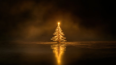 This enchanting image features a glowing golden Christmas tree, beautifully reflecting in a dark background, perfect for holiday-themed projects and celebrations.の素材