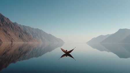 A tranquil scene showcasing a lone canoeist gliding across a calm lake, surrounded by magnificent mountains. The perfect escape for nature lovers.の素材