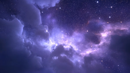 Explore a breathtaking night sky filled with stars and colorful nebula clouds, showcasing the beauty and mystery of the cosmos in a serene atmosphere.の素材