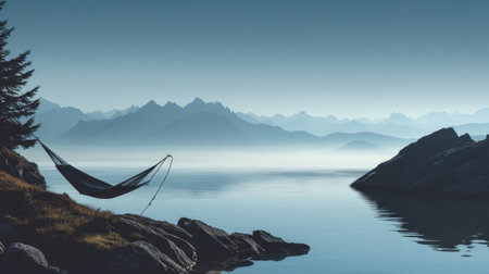 A serene hammock sways gently over a tranquil lake, framed by misty mountain peaks. This peaceful scene captures the beauty of nature at dawn, inviting relaxation and escape.の素材