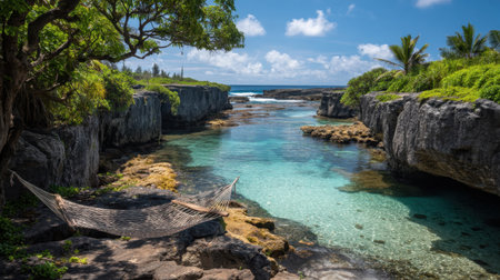 A tranquil tropical bay showcases clear waters framed by lush rocks and palms. A hammock invites relaxation under a blue sky with fluffy clouds, perfect for a getaway.の素材