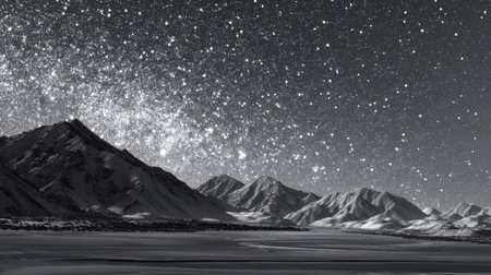 A striking black and white image showcasing a star-filled night sky over a rugged mountain range, capturing the raw beauty of nature in a tranquil setting.の素材