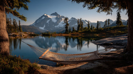 Enjoy a peaceful scene of a hammock gently swaying by a serene lake, framed by majestic mountains and trees. A perfect escape into nature.の素材