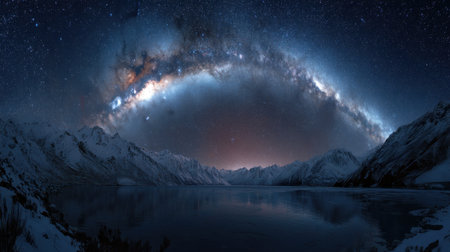A breathtaking view of a starry night sky with a galactic arch, reflecting on a tranquil lake surrounded by majestic snowy mountains, evoking a sense of wonder.の素材