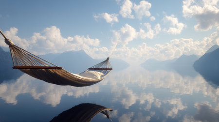 A serene hammock floats above calm waters, reflecting majestic mountains and a clear sky. This idyllic setting provides perfect relaxation and tranquility.の素材