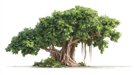 A magnificent tree showcasing vibrant green foliage and intricate roots. This stunning natural scene embodies tranquility and serenity, ideal for nature-themed projects.の素材
