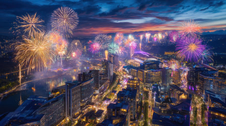A breathtaking aerial view of a city skyline illuminated by vibrant fireworks. The sky bursts with colors, creating a magical atmosphere above the urban landscape.の素材
