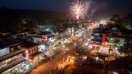 A bustling night market scene filled with festive energy as fireworks light up the sky above vibrant streets lined with vendors and cheerful crowds.の素材