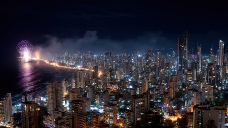 A stunning nighttime cityscape featuring a vibrant skyline illuminated by city lights and fireworks, capturing the essence of a coastal urban celebration.の素材