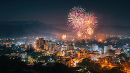 A breathtaking view of a colorful fireworks display lighting up the night sky over a bustling cityscape, creating a vibrant and festive atmosphere filled with joy and excitement.の素材