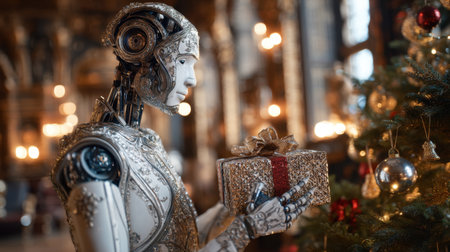 A futuristic robot with intricate details holds a beautifully wrapped gift amidst a charming Christmas scene, featuring a decorated tree and warm lights. Perfect for holiday themes.の素材