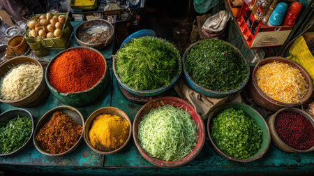 A stunning array of vibrant spices and fresh herbs arranged in bowls at a traditional market stall. This colorful display highlights the rich variety of natural ingredients used in cooking.の素材