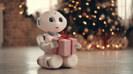 A charming robot holds a beautifully wrapped gift, radiating joy in a festive holiday setting. The warm atmosphere features a decorated Christmas tree, enhancing the spirit of celebration.の素材