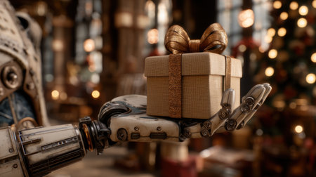 A futuristic robot hand gently cradles a beautifully wrapped gift box, showcasing intricate details in a cozy holiday atmosphere filled with warm decorations.の素材